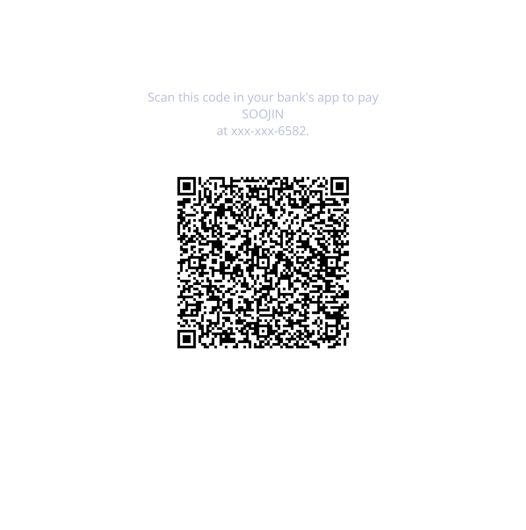 Bank-app payment QR code for SOOJIN, phone ending 6582